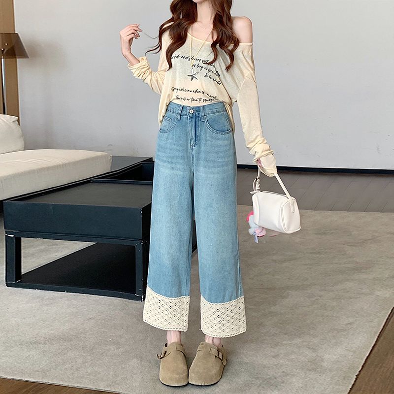 RY2402# 胖mm大码春夏新款九分蕾丝拼接牛仔裤女高腰宽松显瘦直筒阔腿...