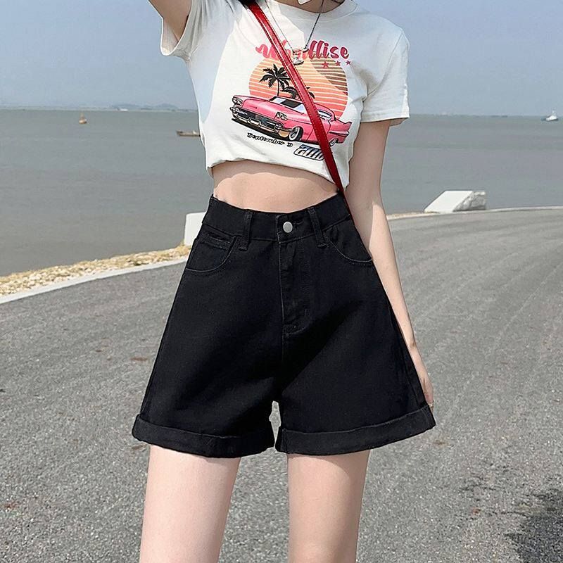 RY2396# 韩版夏季新款卷边牛仔短裤女高腰宽松遮胯显瘦韩版a字阔腿热裤...