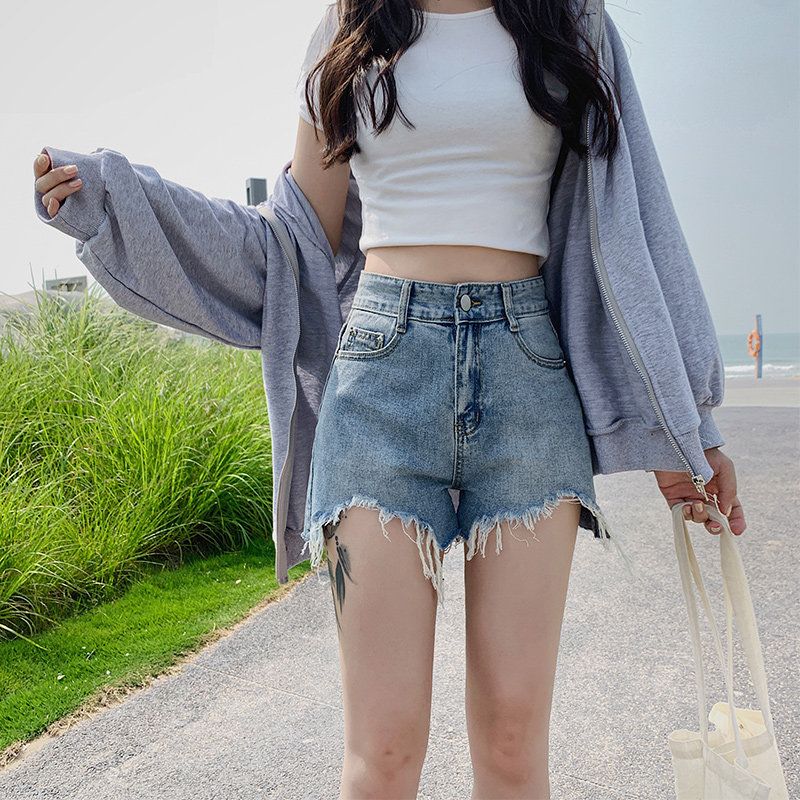 RY2395# 韩版宽松牛仔短裤女2026夏季不规则毛边设计宽松显瘦外穿阔...