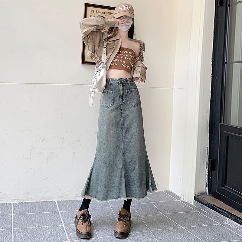 RY2391# 美式复古半身高腰牛仔裙女夏季毛边设计感ins风包臀a字鱼尾中长裙