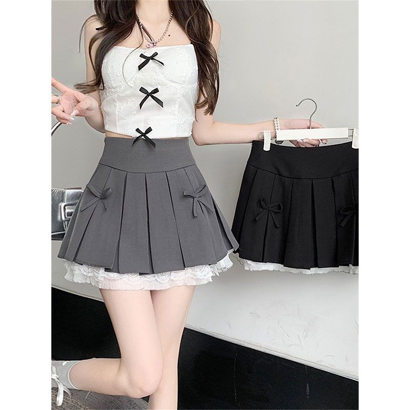 RY2387# 2026韩版新款设计感百褶裙女蕾丝花边拼接小众辣妹半身A字...