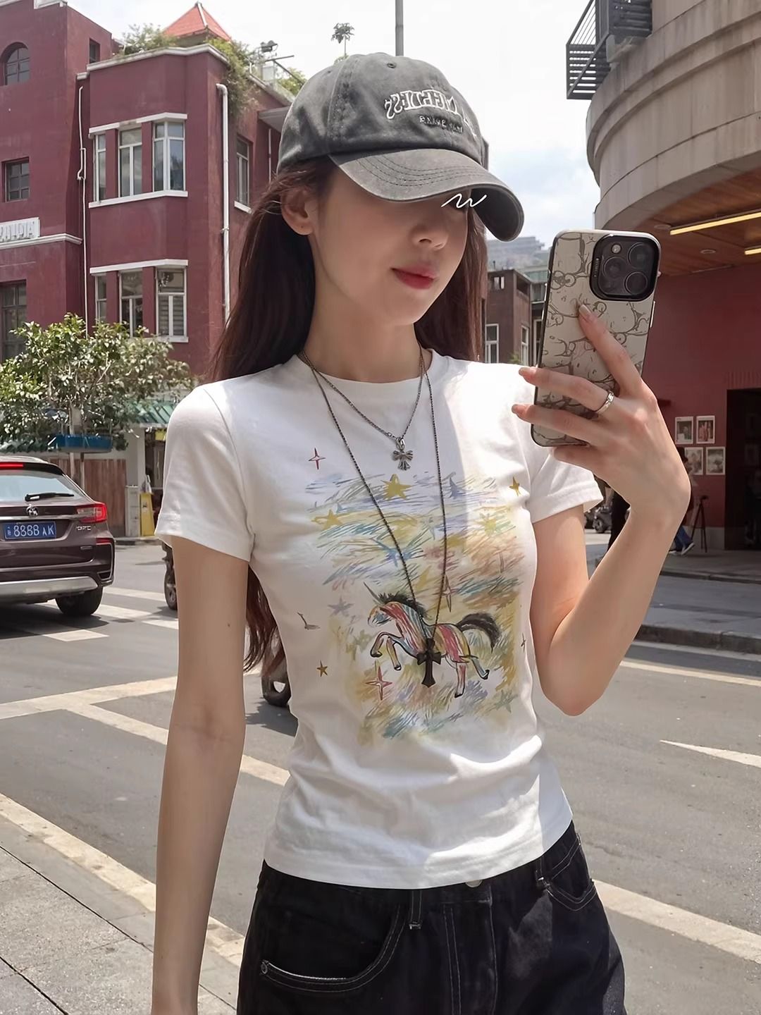 RY2382# 纯棉夏季韩版正肩短袖T恤女辣妹印花