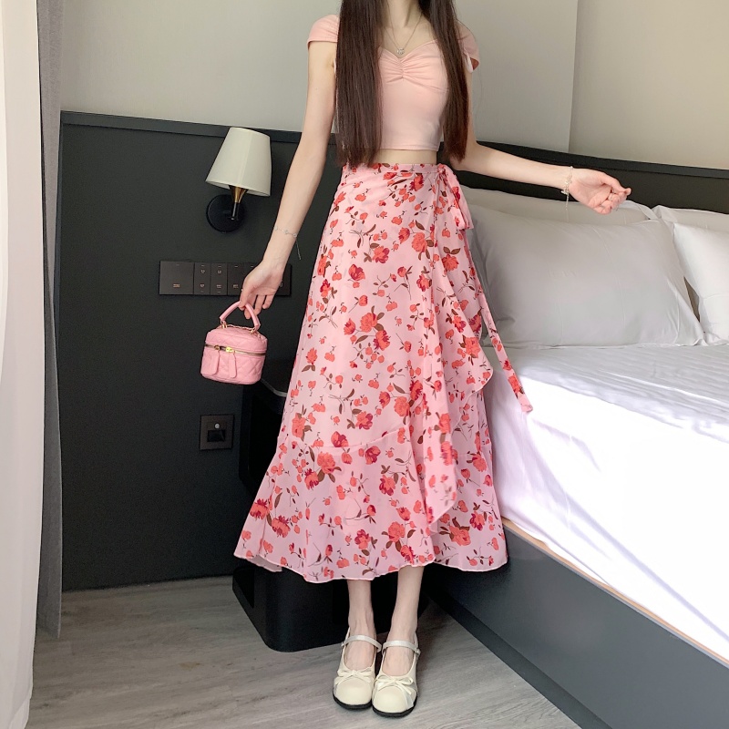 RY108# 实拍甜美温柔风碎花雪纺半身裙一片式荷叶边围裙包臀沙滩裙