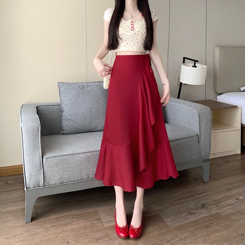 RY675# 模特实拍百搭一片式纯色荷叶边围裙系带包臀裙防晒雪纺沙滩裙