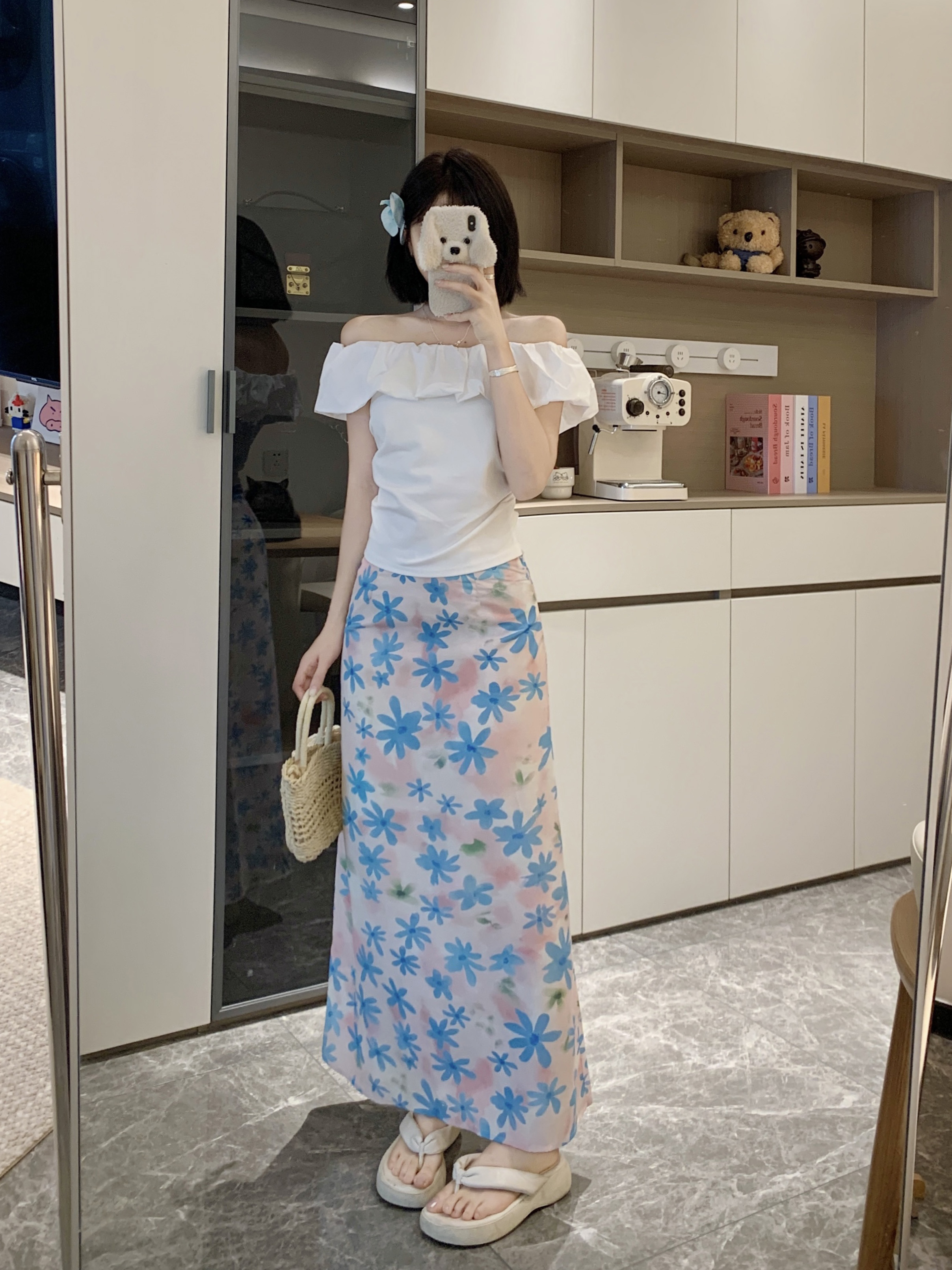 FA35084# 大码一字肩修身显瘦褶皱短袖上衣高腰碎花半身裙时尚套装 服裝批發女裝批發服飾貨源