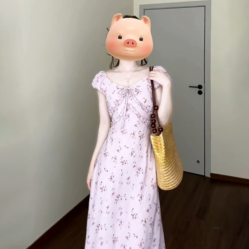 MY8423# 紫色法式气质方领泡泡袖碎花连衣裙女夏季新款长裙短袖长裙子女裝貨源服裝批發