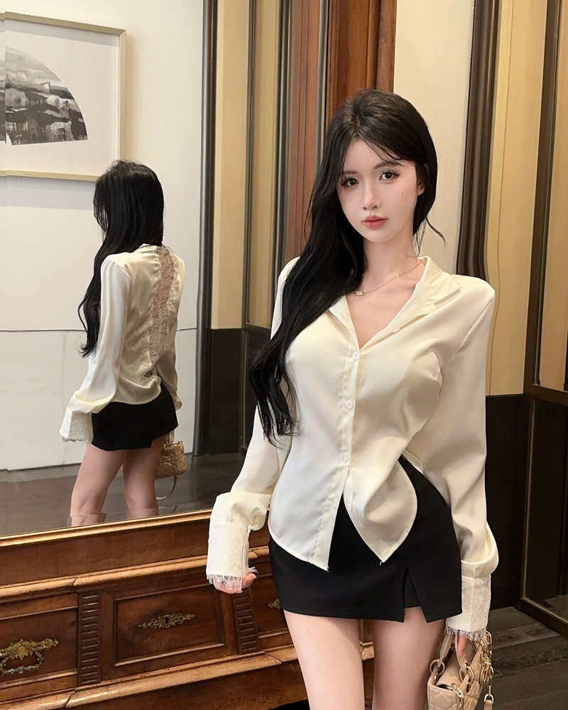MY13430# 新款~设计感V领收腰蕾丝拼接百搭长袖缎面衬衫女女裝貨源服...