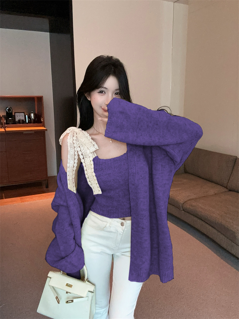 MY17222# 独特蕾丝吊带背心长袖开衫毛衣两件套女女裝貨源服裝批發