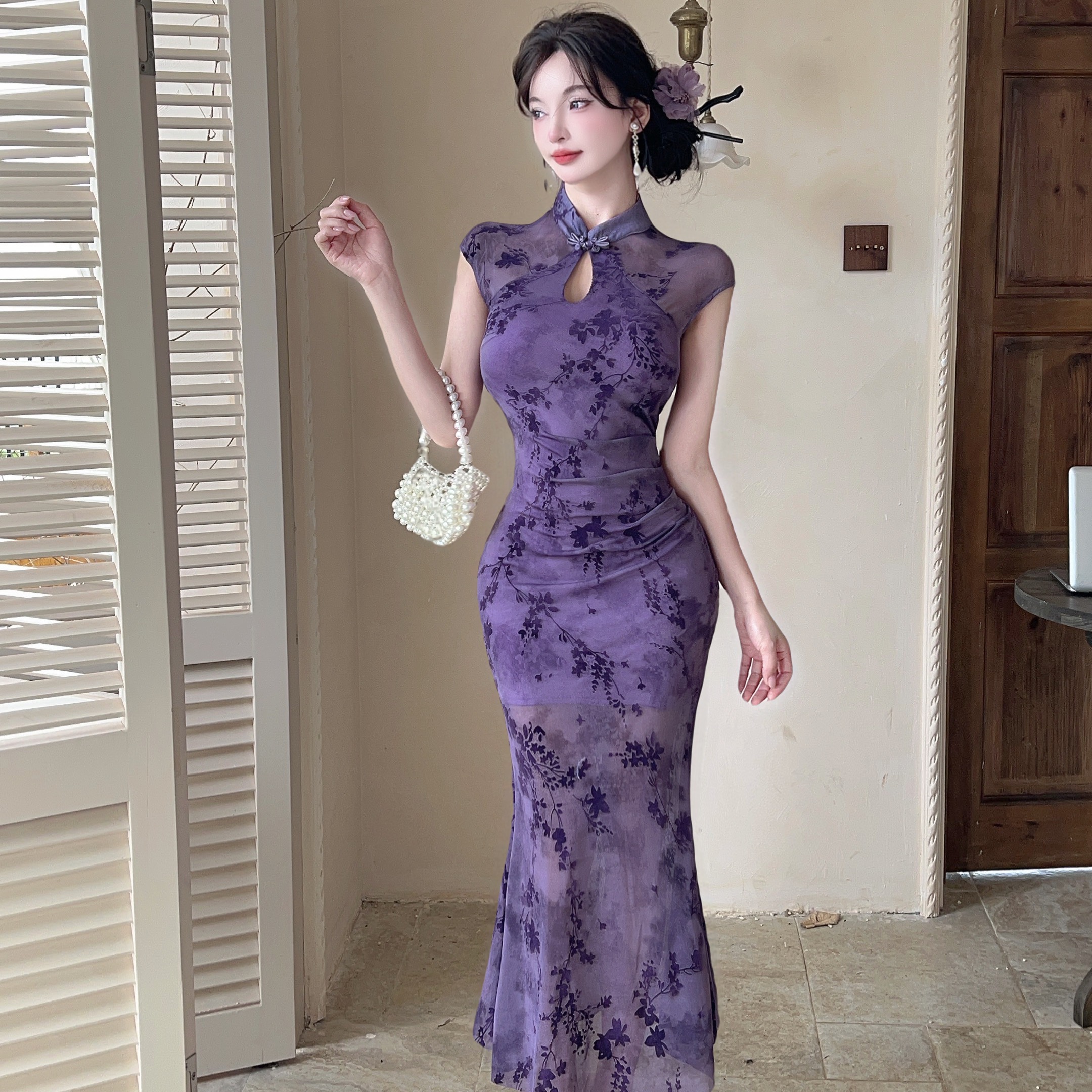 MY17256# 新款百搭性感长款网纱拼接显瘦改良旗袍连衣裙女裝貨源服裝批...