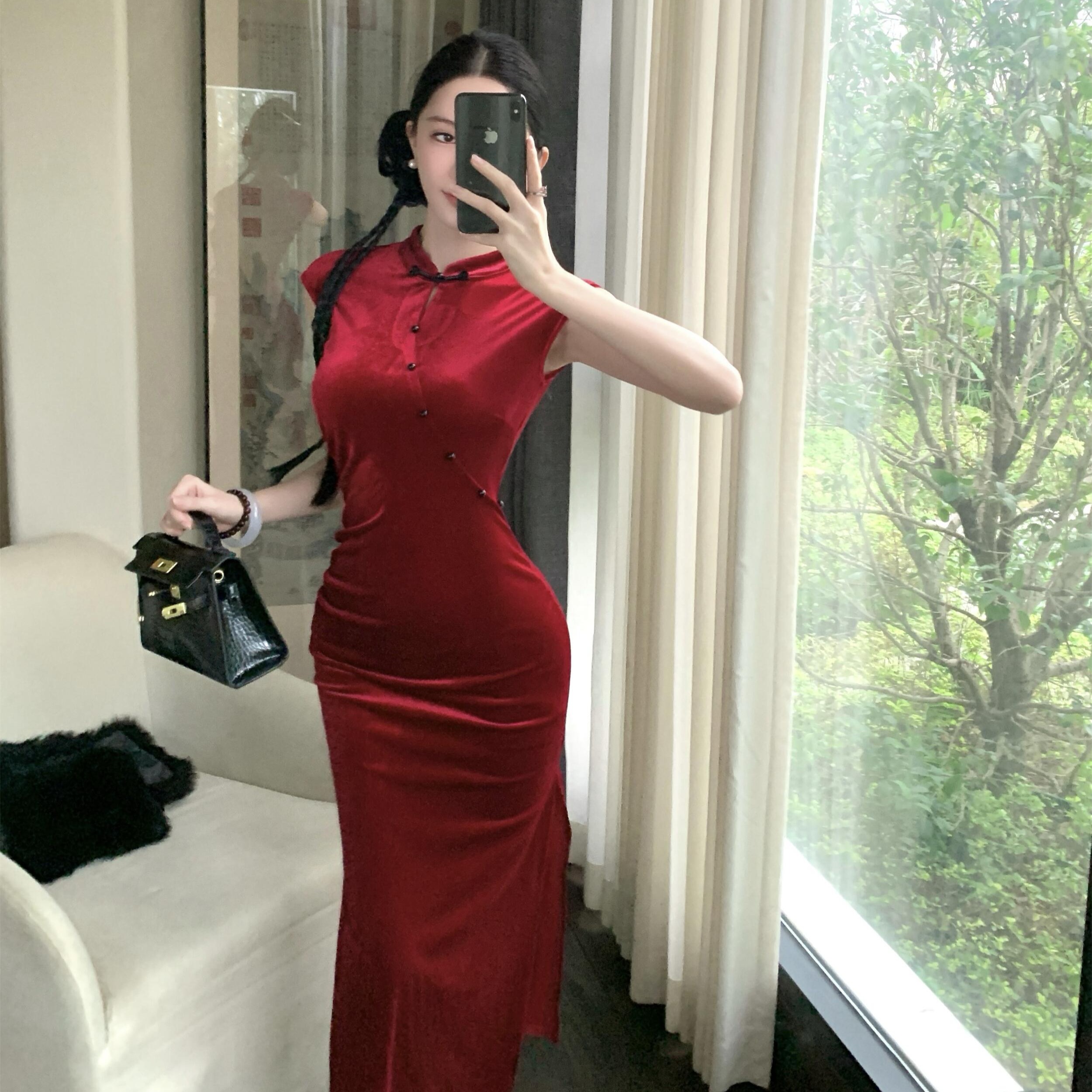 MY17254# 新中式丝绒改良旗袍显瘦性感无袖开叉百搭裙包臀连衣裙女裝貨...