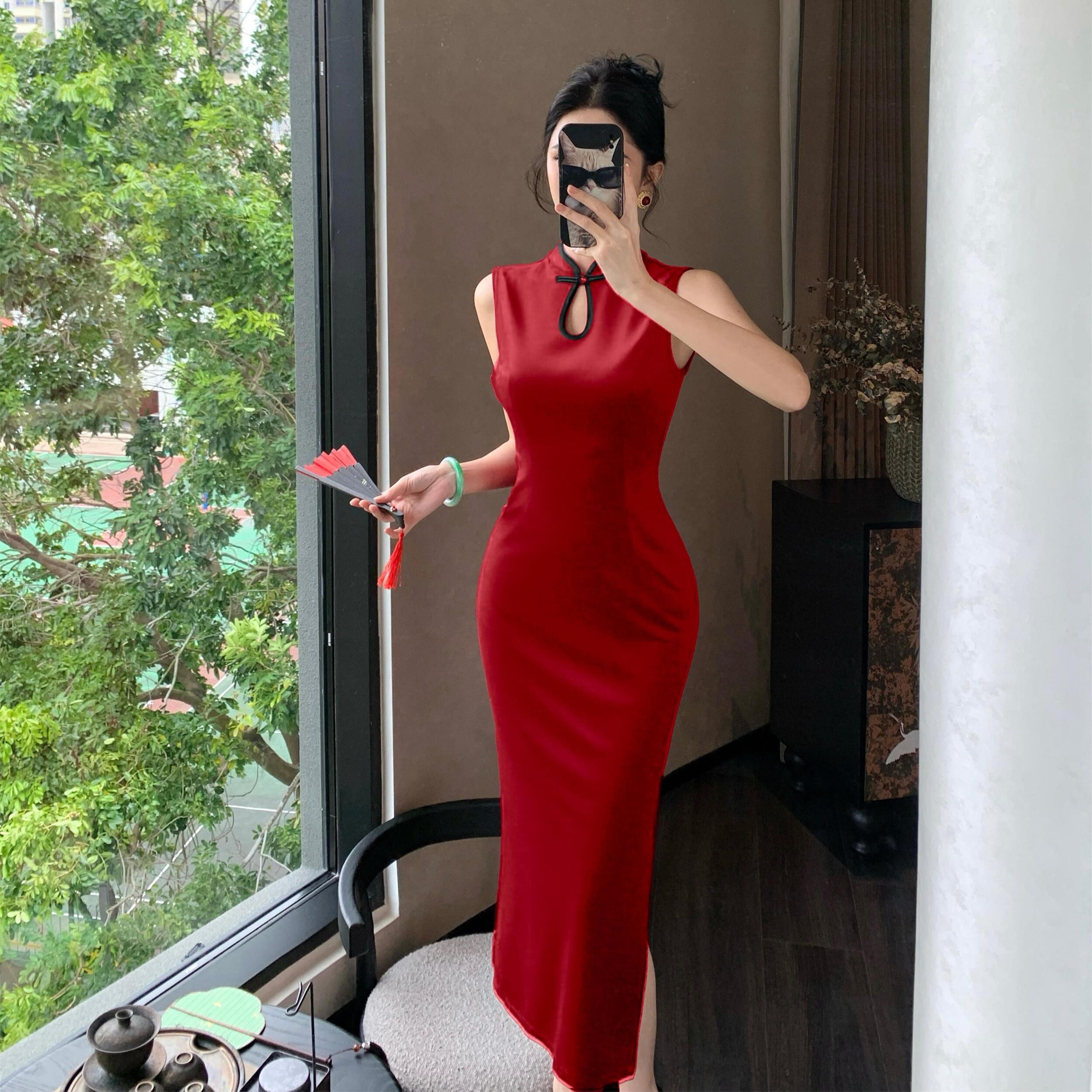 MY17252# 改良旗袍新中式国风红色丝绒性感无袖中长款显瘦包臀连衣裙女...