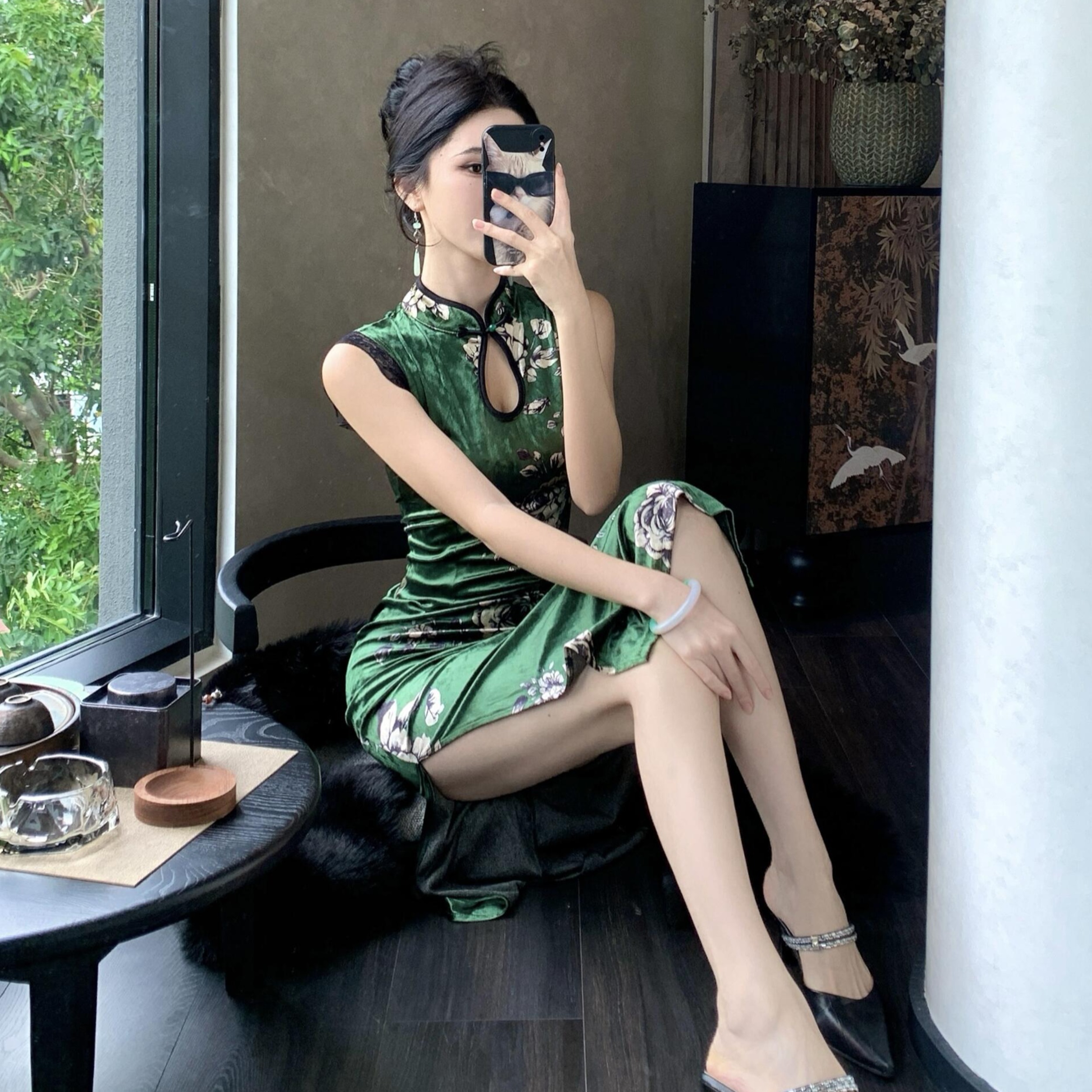 MY17251# 改良旗袍新中式绿色丝绒性感无袖花边中长款显瘦包臀连衣裙女...