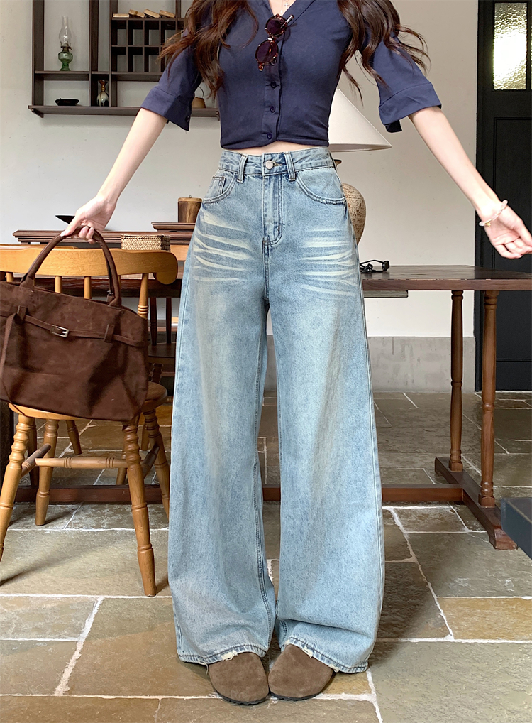 實拍 美式復古刺繡闊腿牛仔褲女新款高腰顯瘦a字直筒闊腿拖地長褲