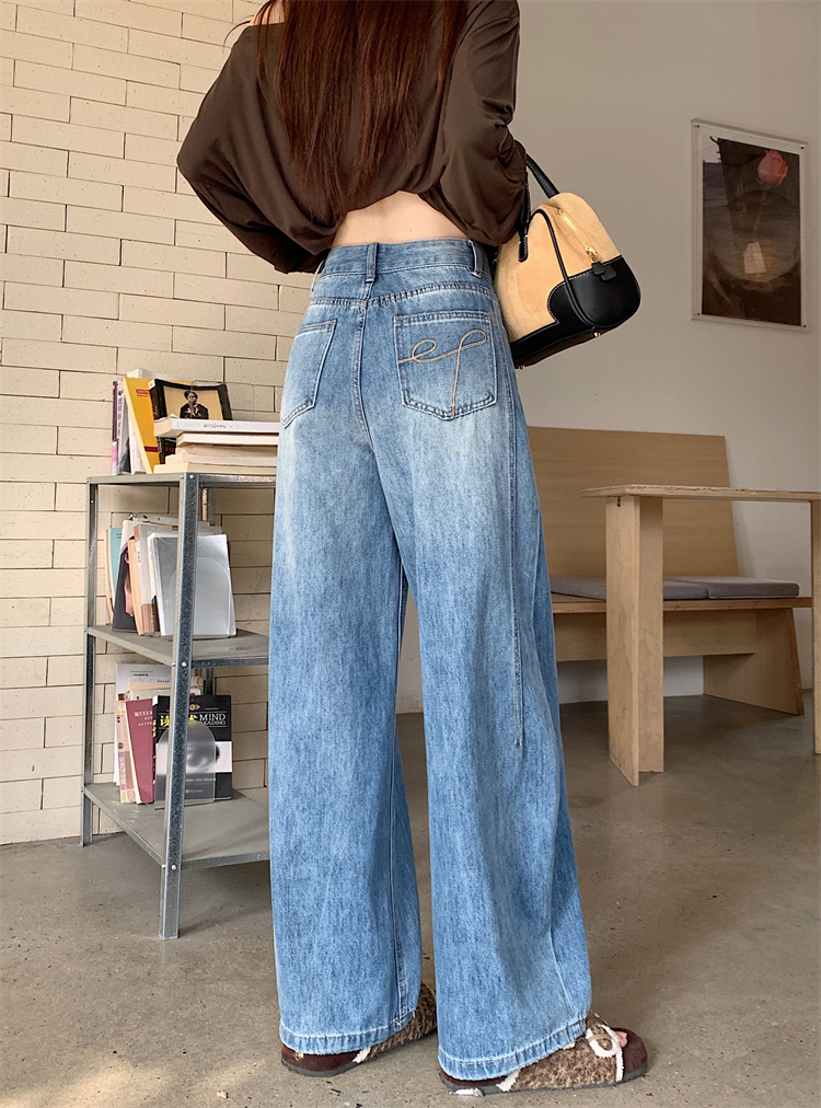 實拍 美式復古水洗刺繡闊腿牛仔褲女新款高腰顯瘦a字直筒百搭長褲
