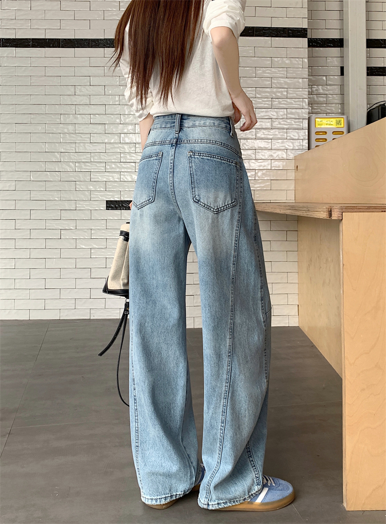 實拍 美式彎刀設計闊腿牛仔褲女新款高腰顯瘦寬松小個子直筒長褲