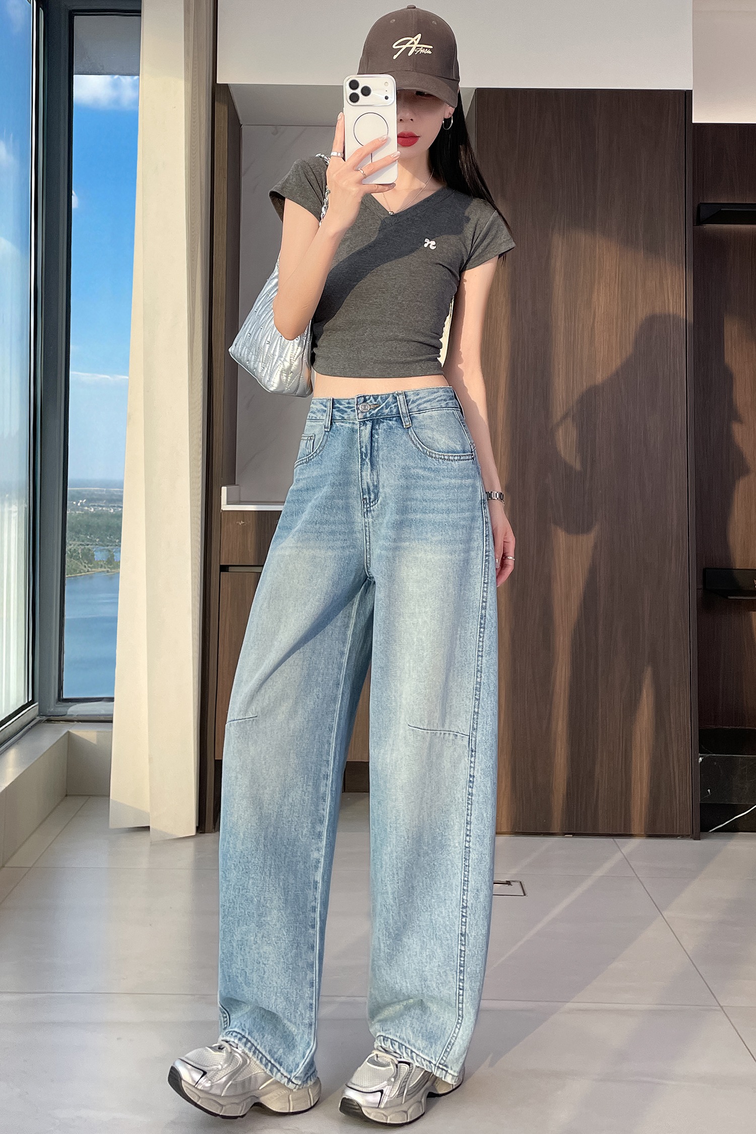 實拍 美式彎刀設計闊腿牛仔褲女新款高腰顯瘦寬松小個子直筒長褲