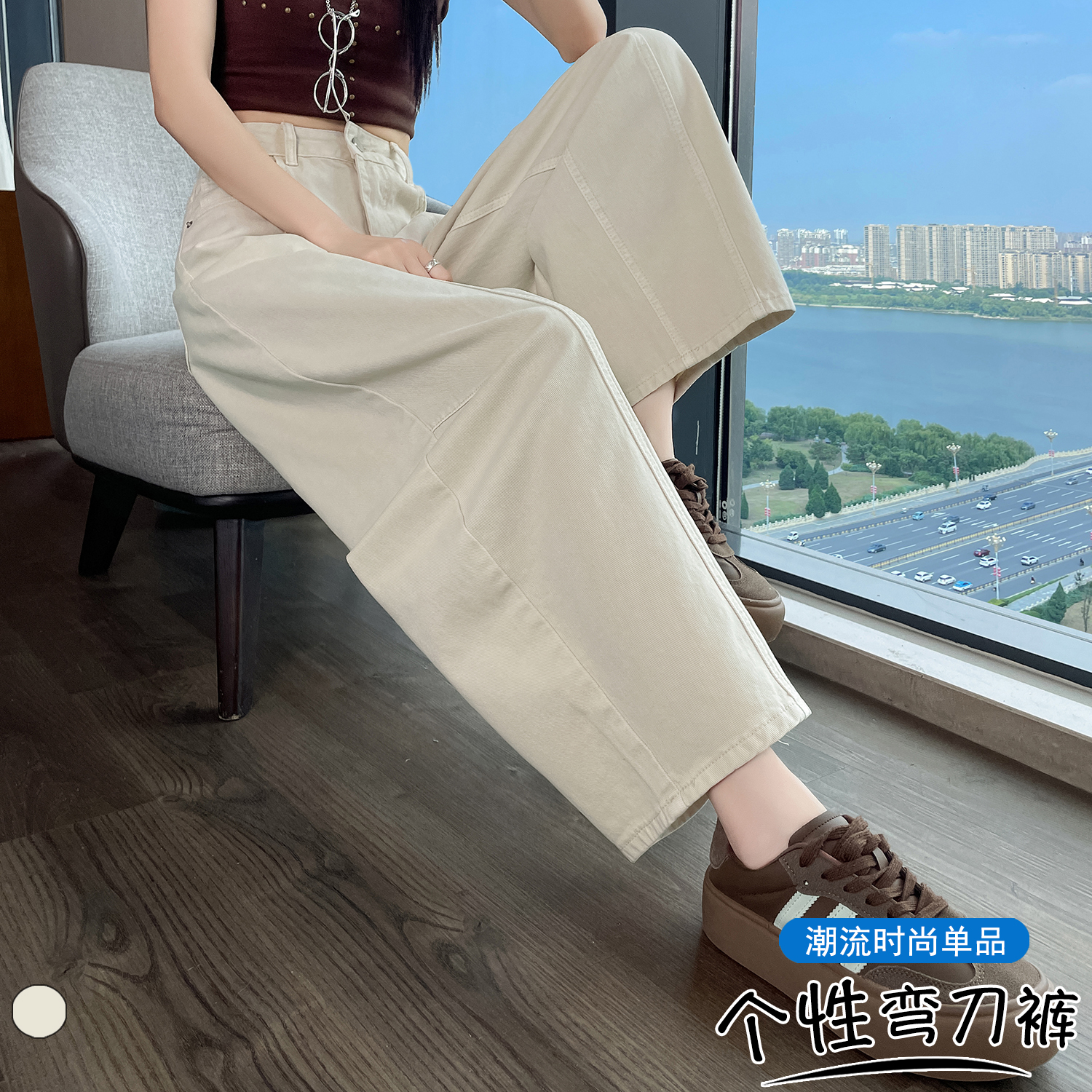 實拍 九分彎刀牛仔褲女2026春夏新款高腰顯瘦寬松小個子闊腿褲