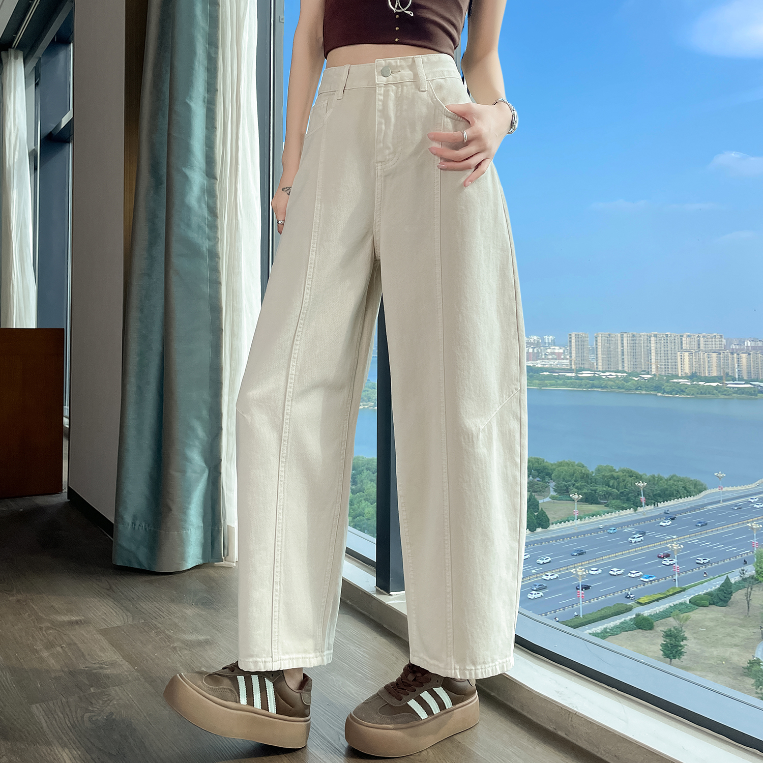 實拍 九分彎刀牛仔褲女2026春夏新款高腰顯瘦寬松小個子闊腿褲