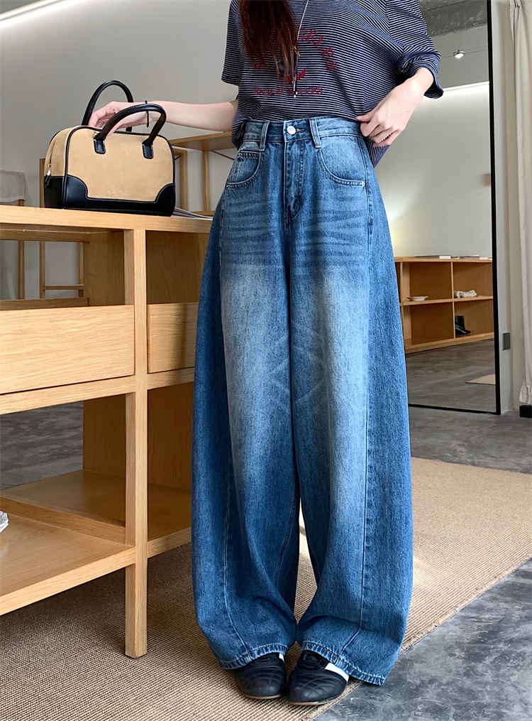 實拍 美式復古彎刀刺繡闊腿牛仔褲女新款高腰顯瘦a字直筒拖地長褲