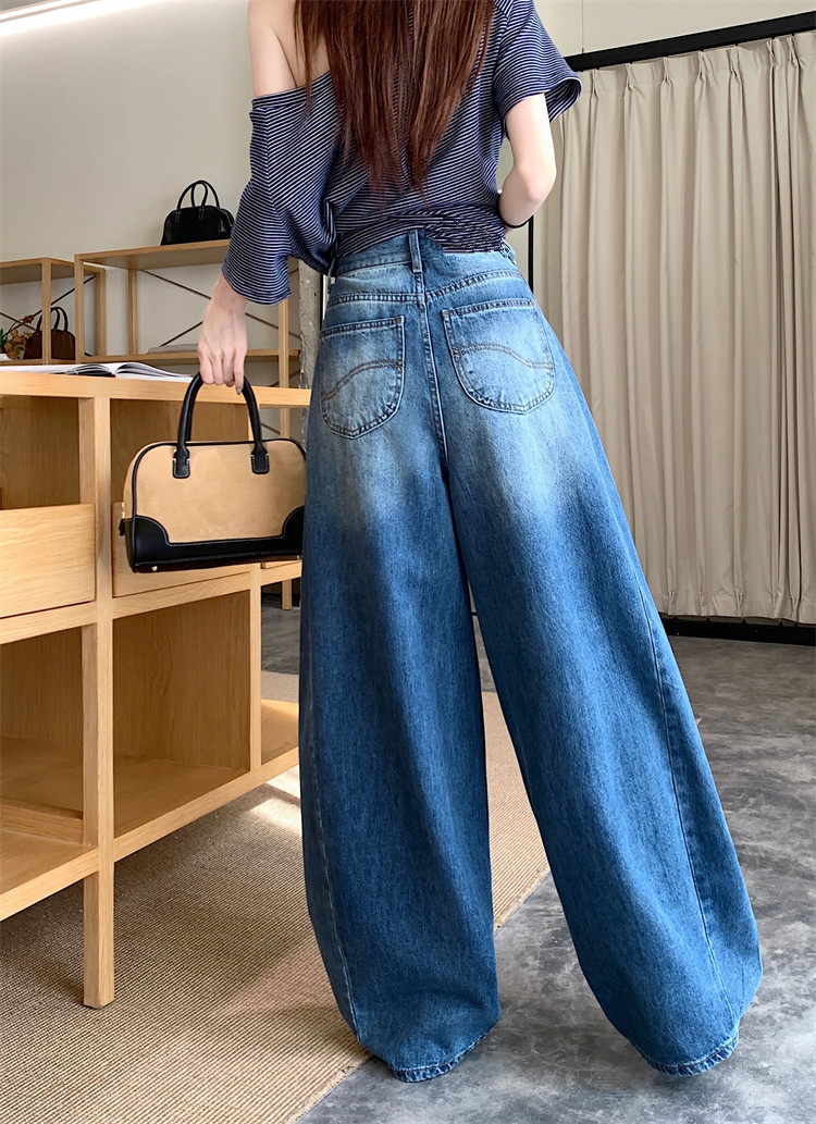 實拍 美式復古彎刀刺繡闊腿牛仔褲女新款高腰顯瘦a字直筒拖地長褲