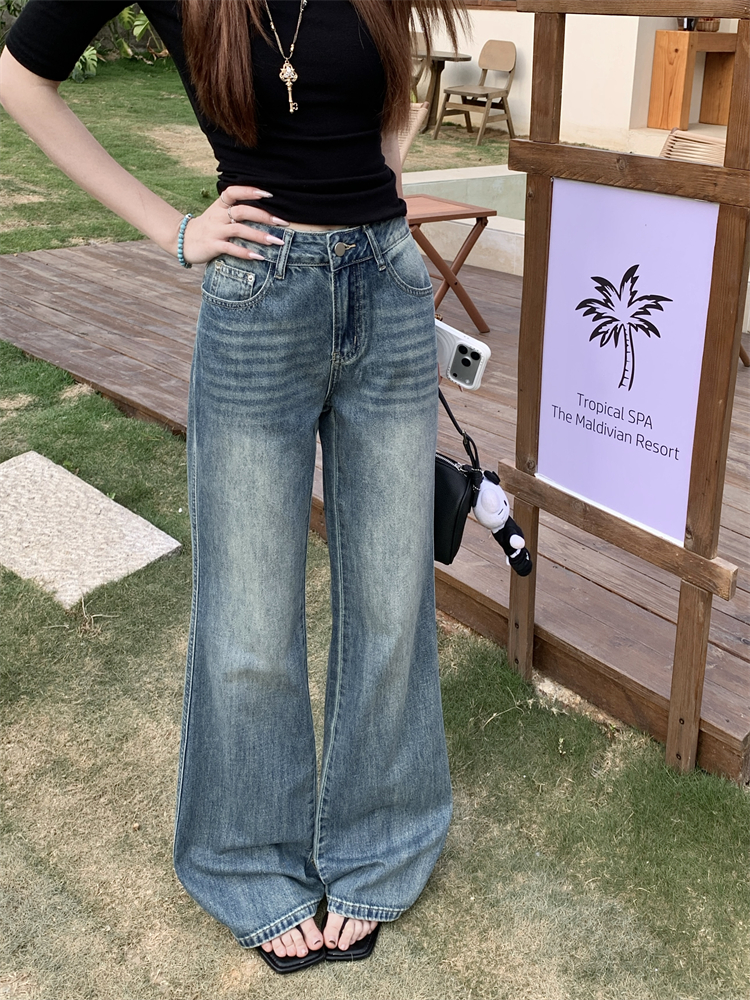 實拍 復古水洗做舊低腰牛仔褲美式辣妹微喇叭寬松直筒百搭長褲
