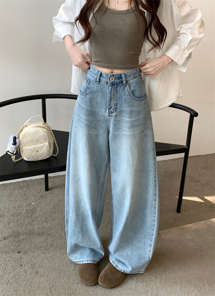 實拍 美式復古水洗貓須闊腿牛仔褲女新款高腰顯瘦直筒拖地長褲