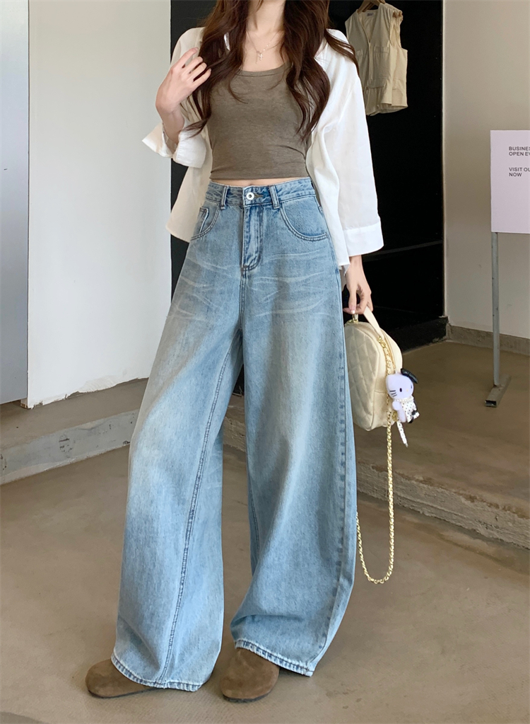 實拍 美式復古水洗貓須闊腿牛仔褲女新款高腰顯瘦直筒拖地長褲