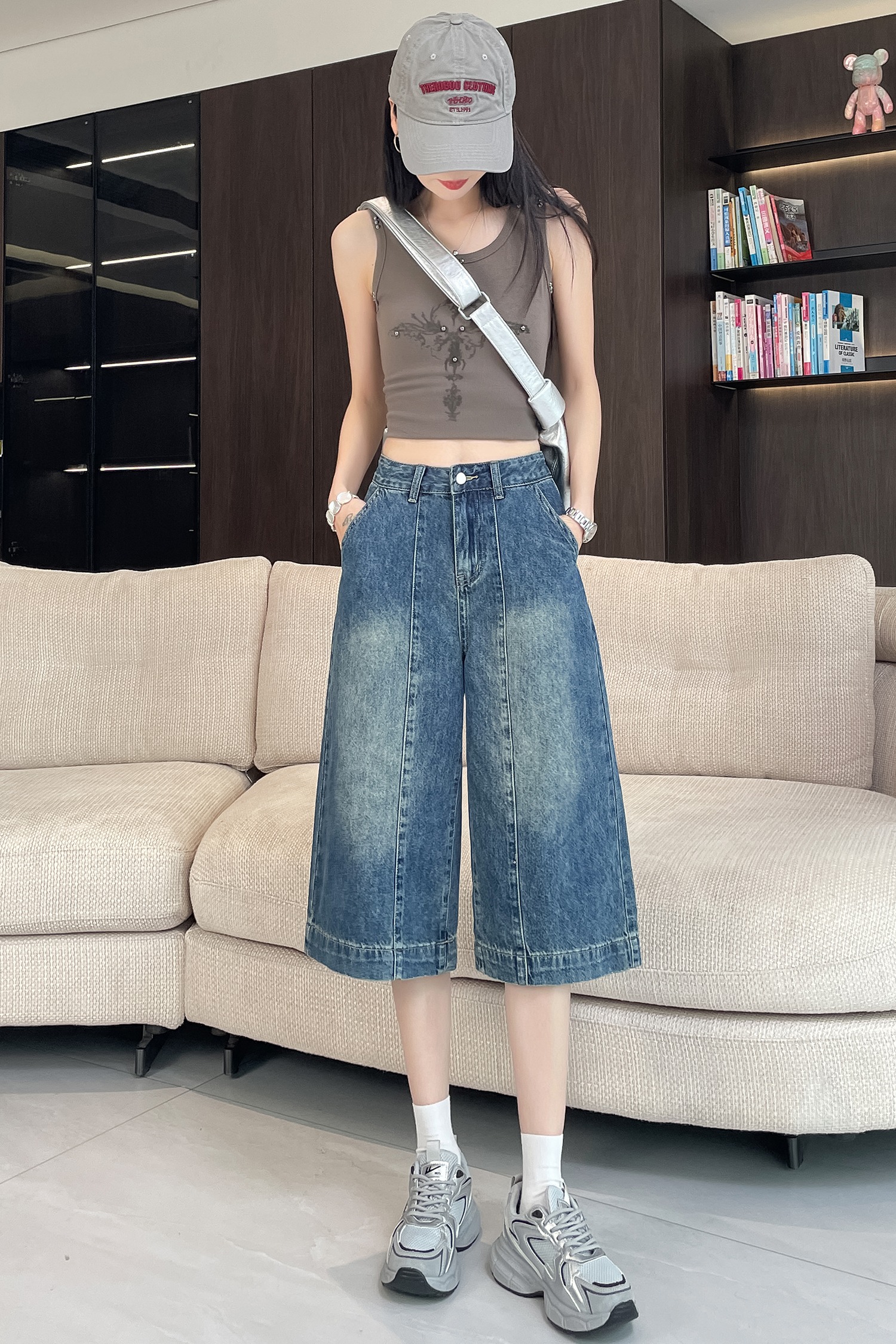 實拍 美式復古直筒牛仔七分褲女2026新款高腰顯瘦寬松闊腿中褲