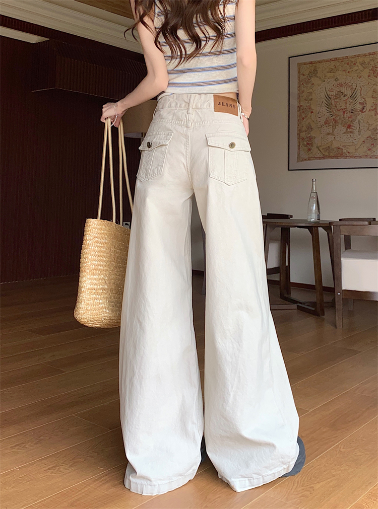 實拍 美式復古杏色闊腿牛仔褲女2026新款低腰寬松顯瘦拖地直筒褲
