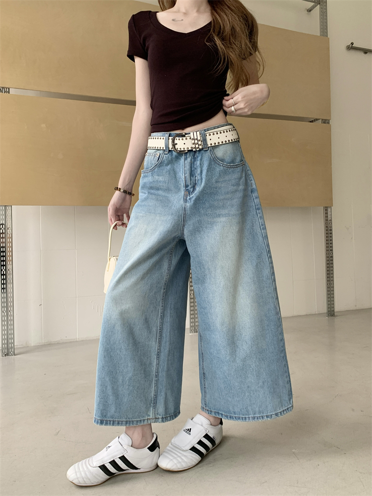 實拍 美式復古刺繡闊腿牛仔褲女新款高腰顯瘦a字直筒百搭八分褲