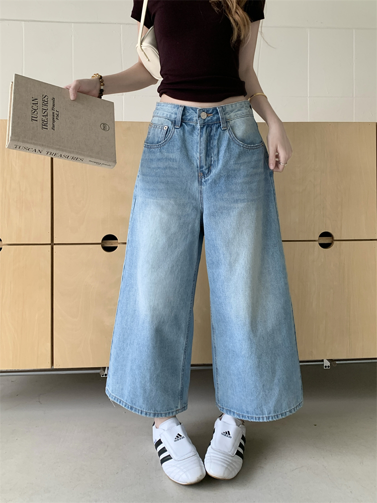 實拍 美式復古刺繡闊腿牛仔褲女新款高腰顯瘦a字直筒百搭八分褲