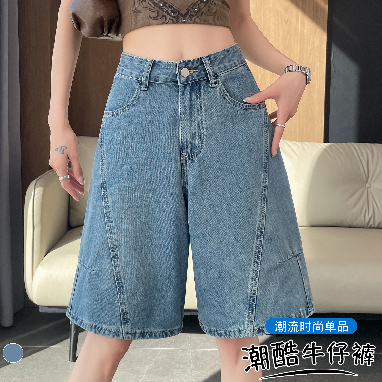 實拍 新款設計感寬松闊腿牛仔五分中褲女美式復古高腰直筒褲