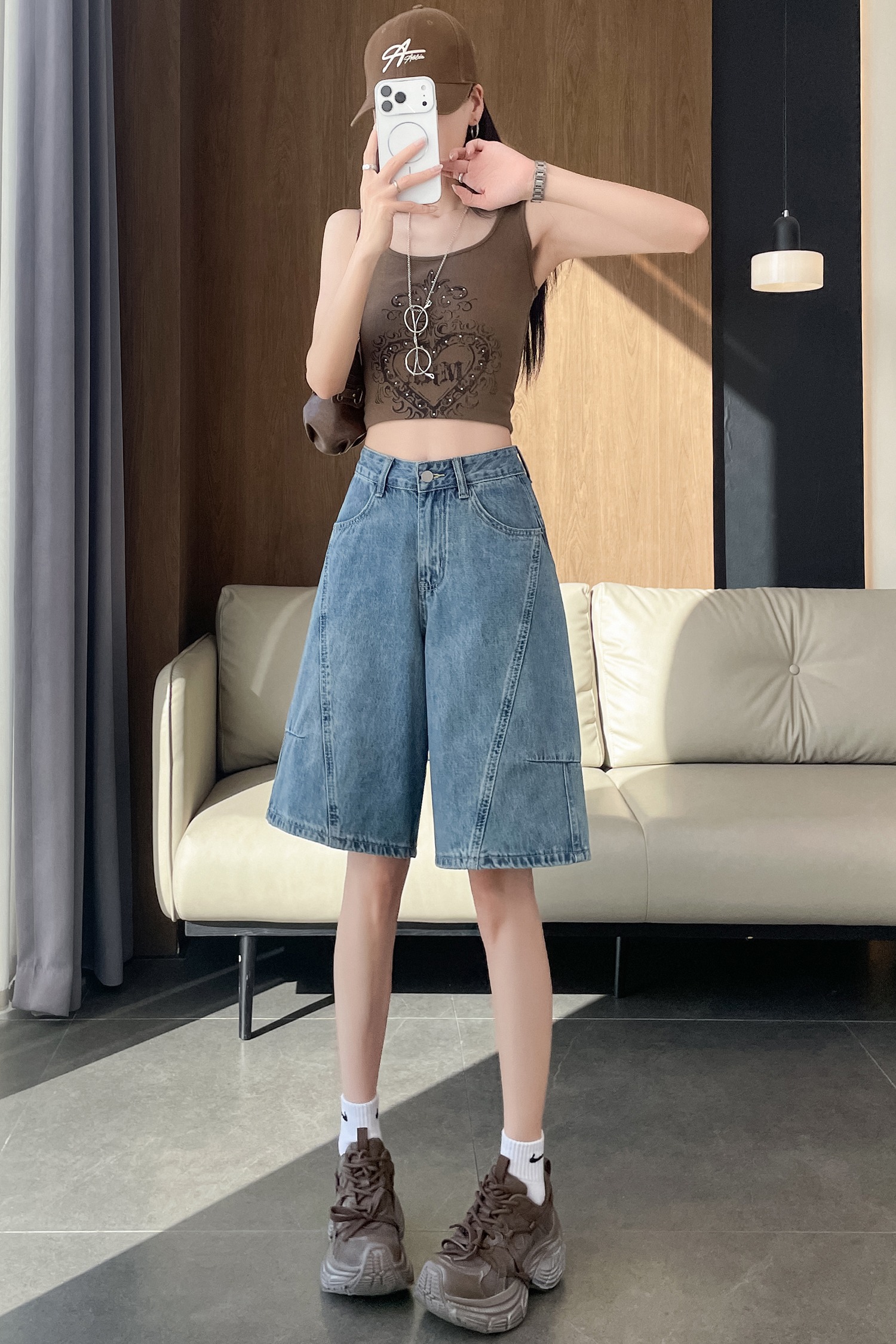 實拍 新款設計感寬松闊腿牛仔五分中褲女美式復古高腰直筒褲