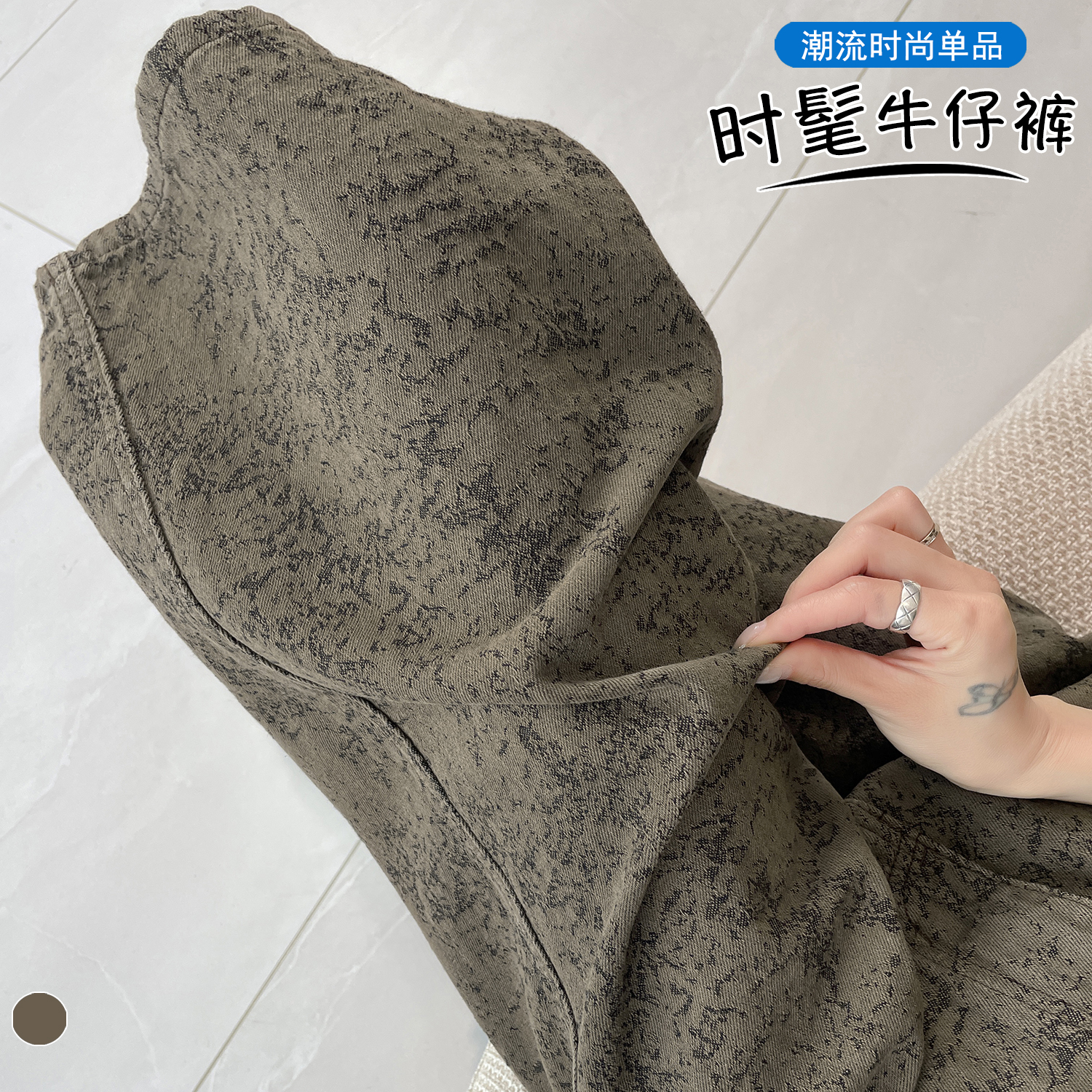 實拍 美式復古提花水洗七分牛仔褲女新款高腰寬松顯瘦直筒中褲