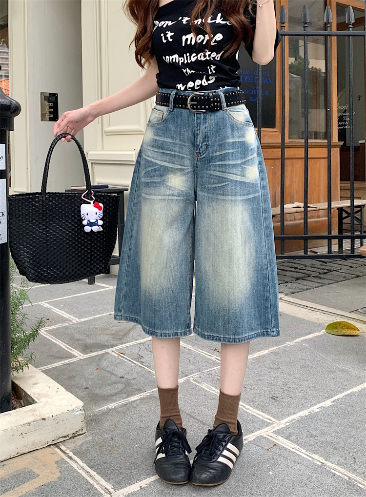 實拍美式復古水洗做舊七分牛仔褲女新款高腰寬松百搭直筒闊腿中褲