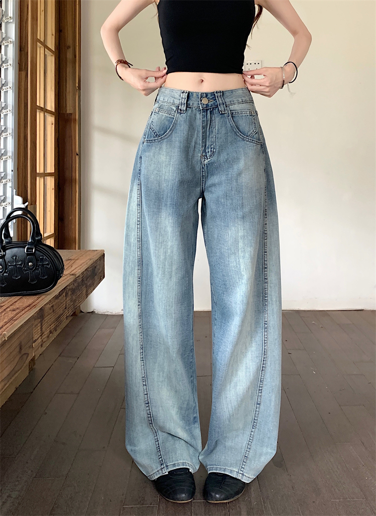 實拍美式辣妹調節設計闊腿牛仔褲女新款高腰顯瘦口袋刺繡復古長褲