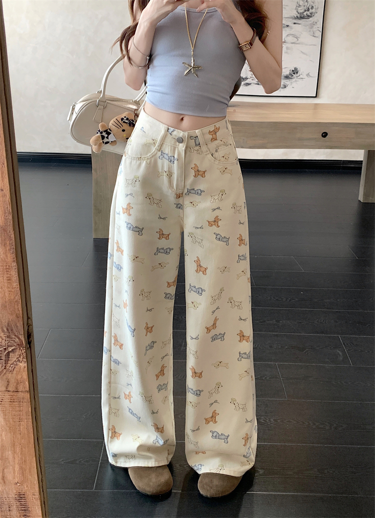 實拍 美式狗狗印花闊腿牛仔褲女新款高腰顯瘦直筒慵懶百搭長褲