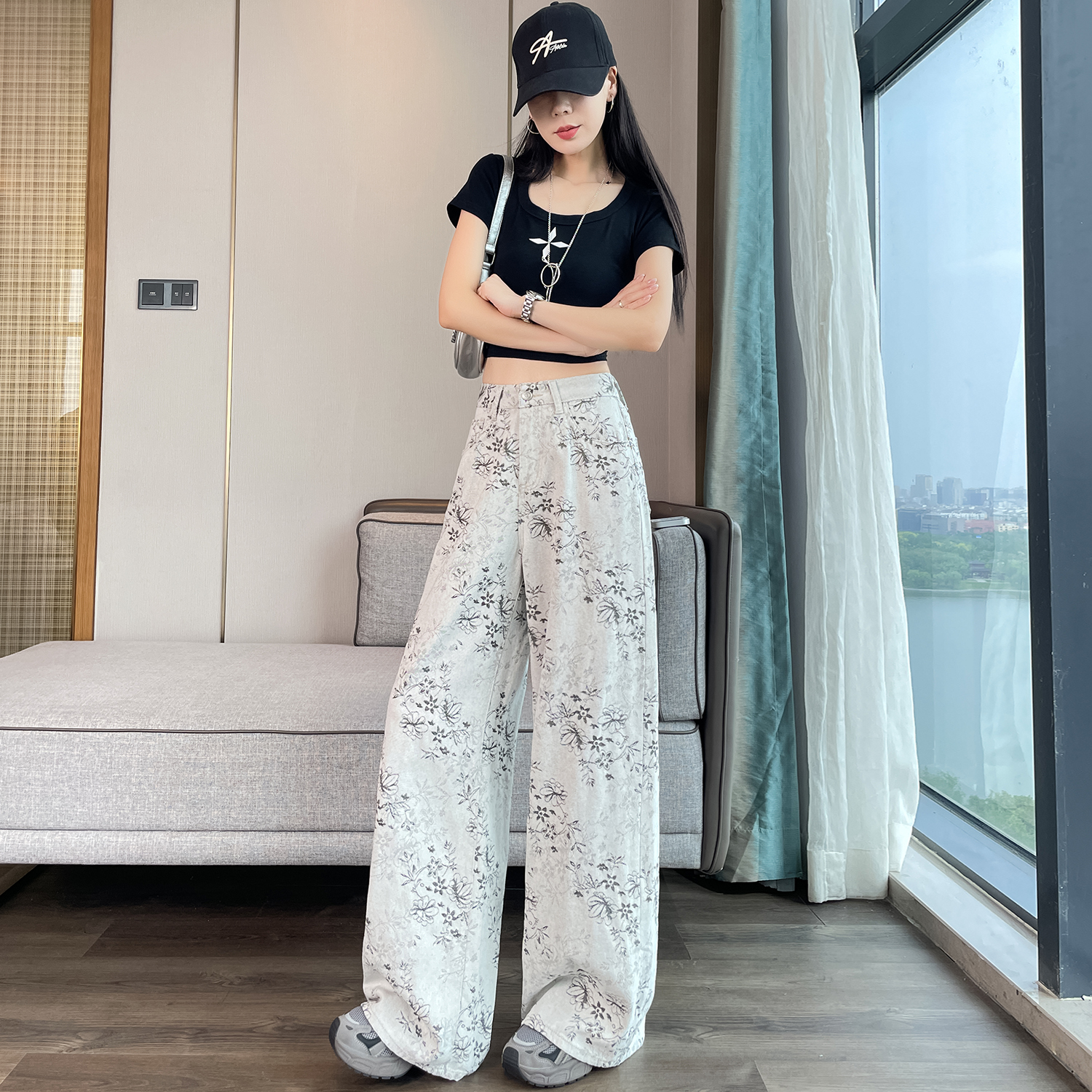 實拍 2026春季提花設計直筒牛仔褲女新款高腰百搭闊腿小個子長褲