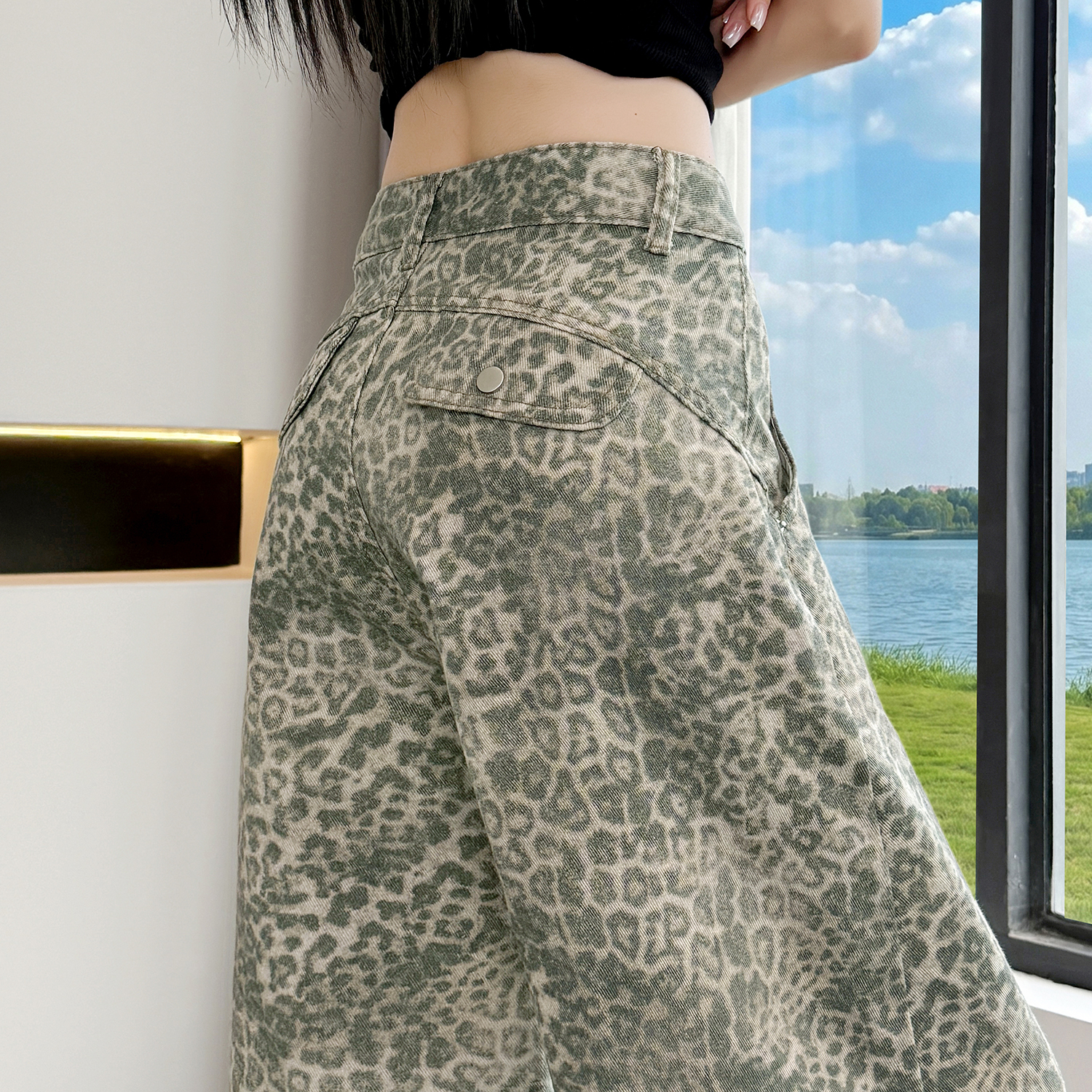 實拍美式復古寬松豹紋彎刀牛仔褲女新款高腰顯瘦闊腿拖地休閑長褲