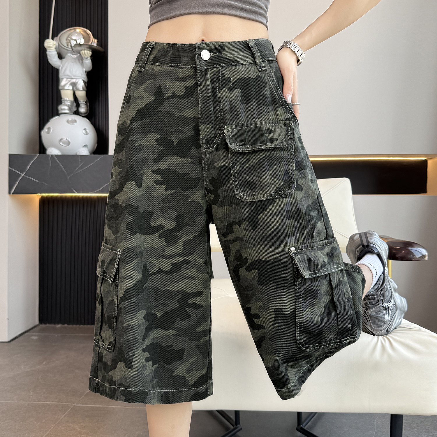 實拍 美式復古牛仔迷彩七分褲女夏季新款高腰寬松工裝直筒中褲