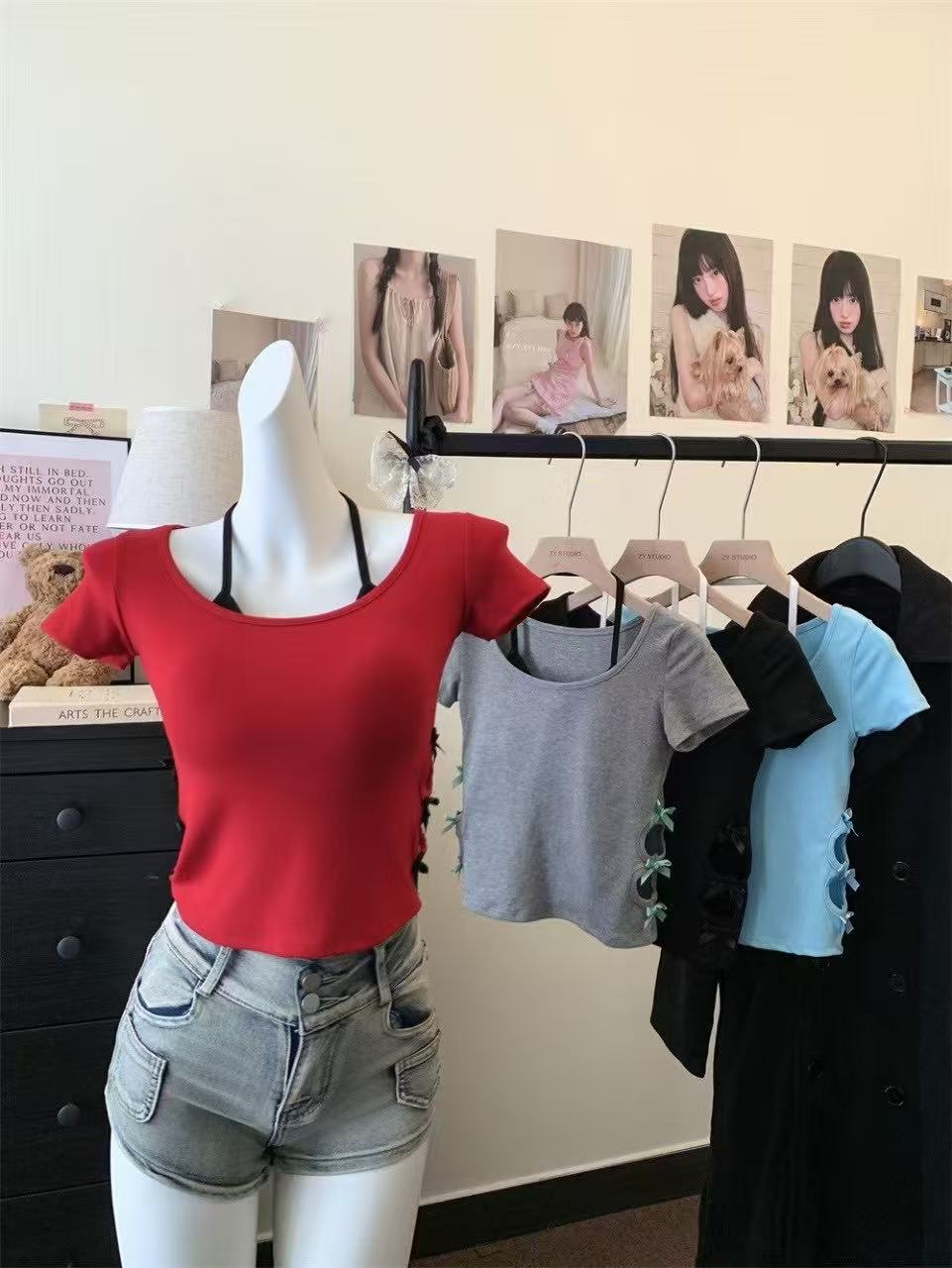MY11847# 实价~纯欲辣妹侧边镂空短袖T恤女夏季修身显瘦假两件挂脖短...