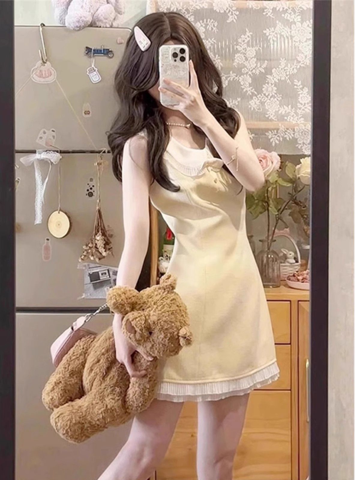 MY11783# 法式气质小香风娃娃领无袖连衣裙女夏季收腰显瘦富家千金黄色短裙