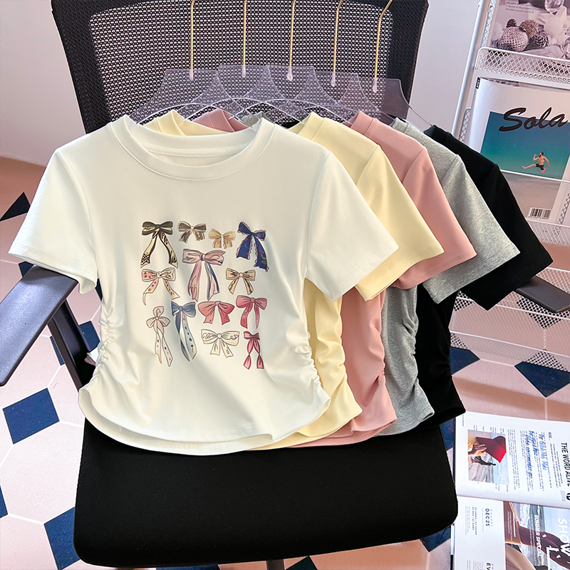 FA33043# 蝴蝶结印花圆领短袖女夏新款短款显瘦T恤上衣 服裝批發女裝批發服飾貨源
