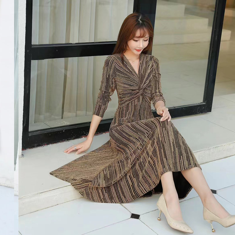 MY14287# 新款V领收腰显瘦连衣裙女中长款长袖扭结设计感宴会裙子女裝貨源服裝批發