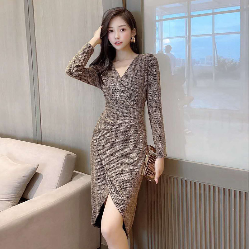 MY14269# 新款V领收腰显瘦连衣裙长袖亮丝开叉包臀气质宴会小礼裙女裝...