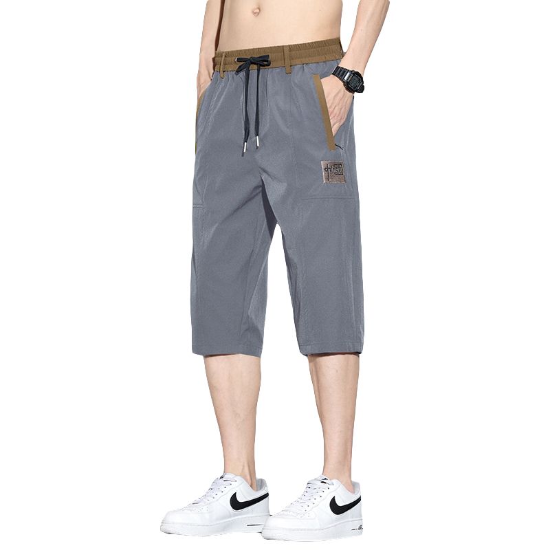 夏季冰絲速干大碼七分褲男百搭彈力透氣冰涼感休閑中國刺繡褲子