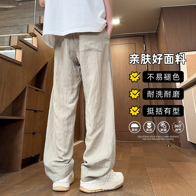 實拍2025夏季新款亞麻天絲潮牌彎刀休閑褲男寬松百搭舒適褲子