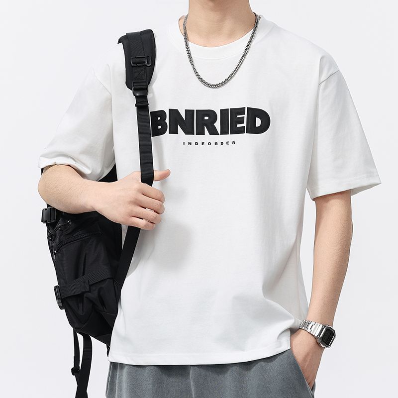 2025夏季新款潮牌短袖t恤男寬松百搭簡約字母印花圓領T恤衣服