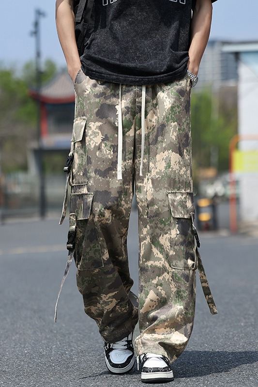 2025夏季新款迷彩工裝休閑褲男萊賽爾涼感順滑面料寬松直筒松緊腰