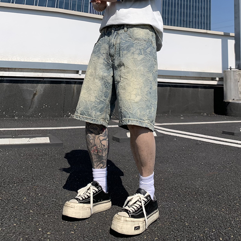 夏季美式潮牌水洗提花牛仔短褲男直筒五分褲潮流中褲
